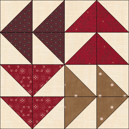 A quilt block with red, brown and white squares.