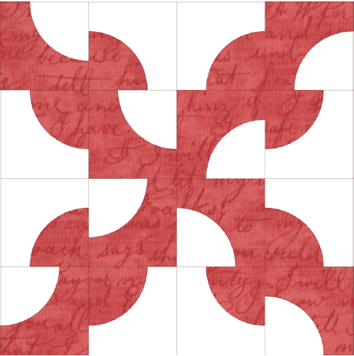 A red and white quilt block with writing on it.