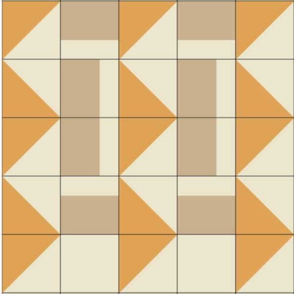 A quilt block with orange and beige triangles.