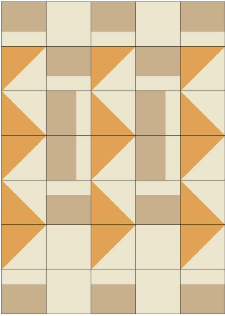 A quilt block with orange and beige triangles.