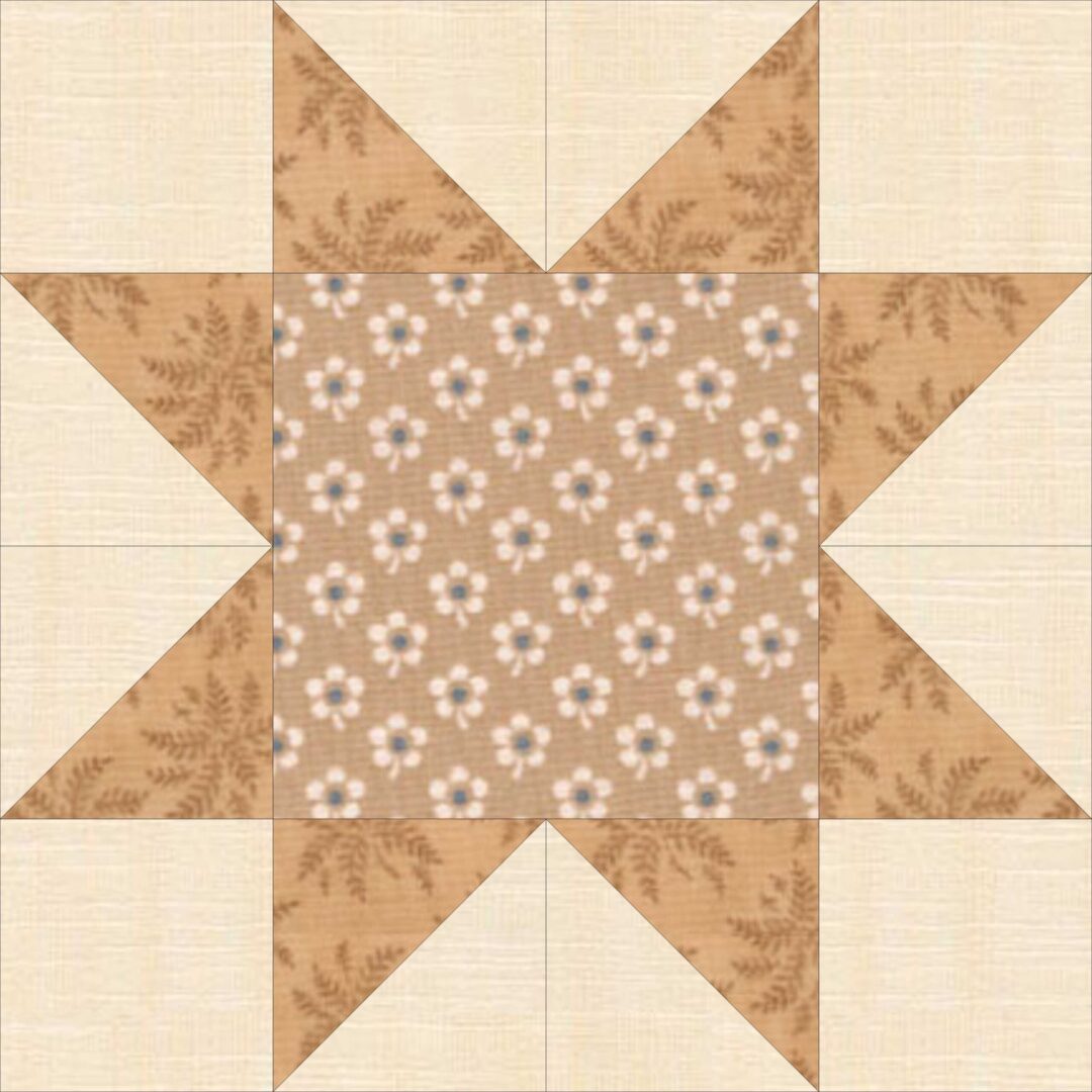 A star block with a beige and white pattern.