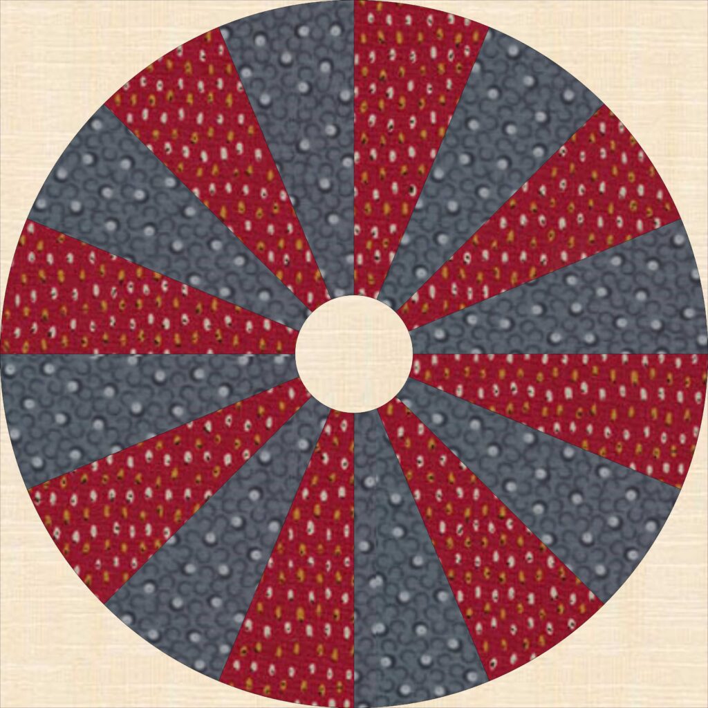 An image of a red, blue, and gray quilted circle.