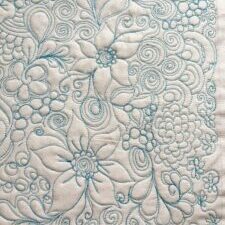 A close up of the blue and white floral pattern.