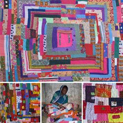 A collage of pictures of people making quilts.